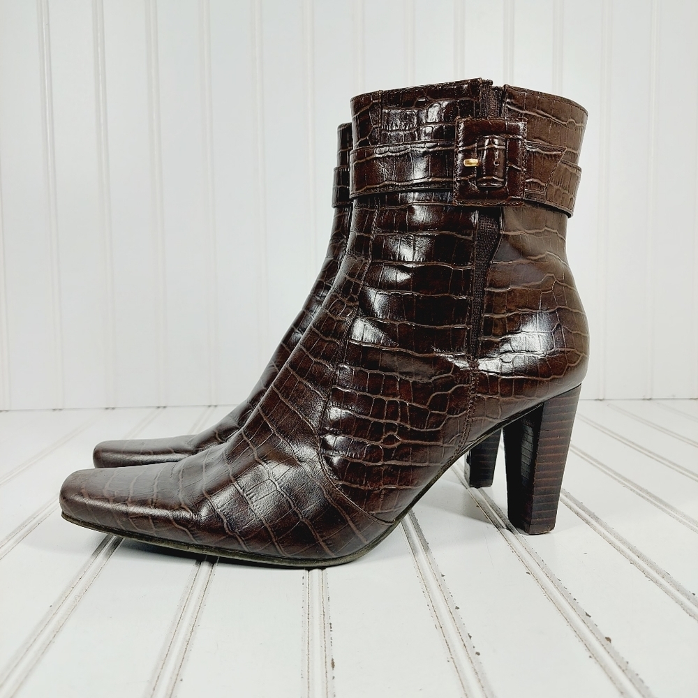 Bandolino Croc Pattern Buckle Strap Ankle Boot. Like but heel too high for me.